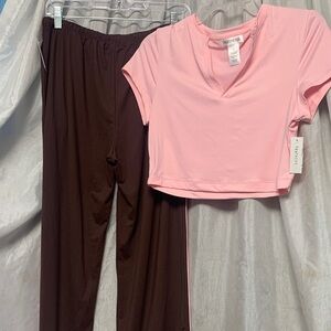 feathers Pink Cropped V-Neck Top with Chocolate Brown Pants
